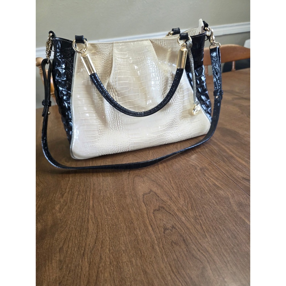 Brahmin Cream Black Croc Embossed Leather Hobo Shoulder Bag Tote Gold Hardware
